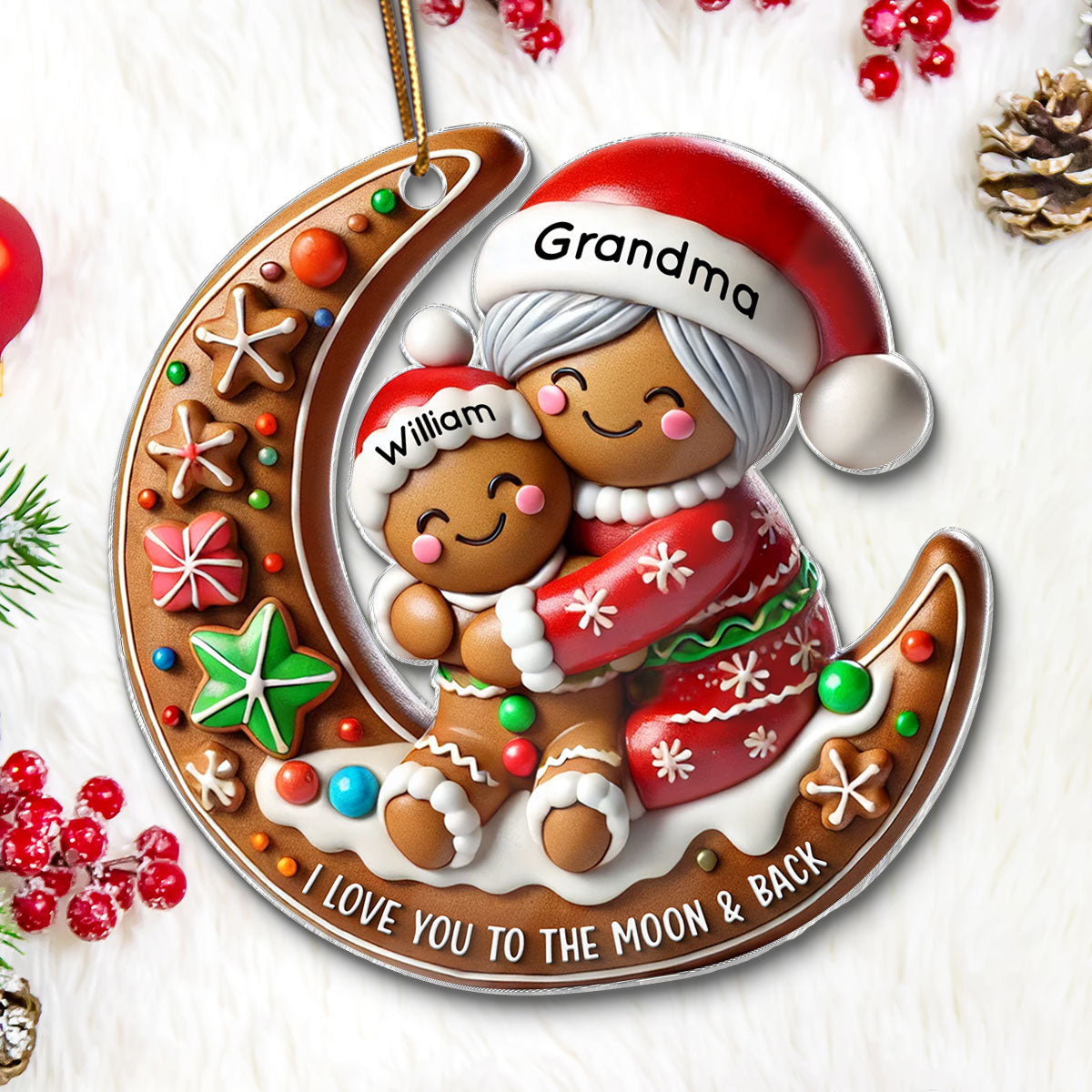 3D Effect Gingerbread Grandma Hugging Grandkid On Moon Christmas Personalized Acrylic Ornament, Gift For Granddaughter, Grandson