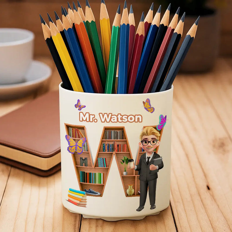 Teacher Alphabet Bookshelf Letter - Personalized Rotating Pen Holder