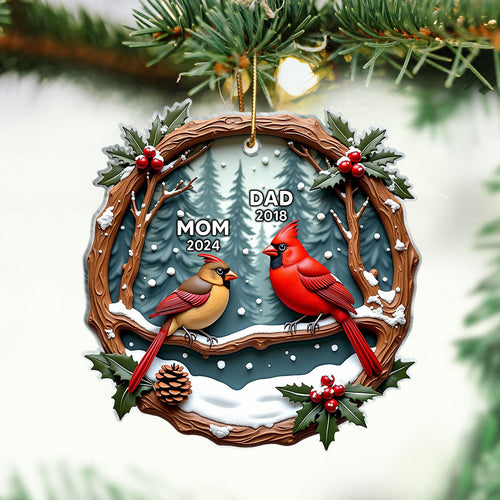 3D Effect Cardinals Dad Mom Memorial Berry Branch Christmas Personalized Acrylic Ornament, Sympathy Gift, Remembrance Gift