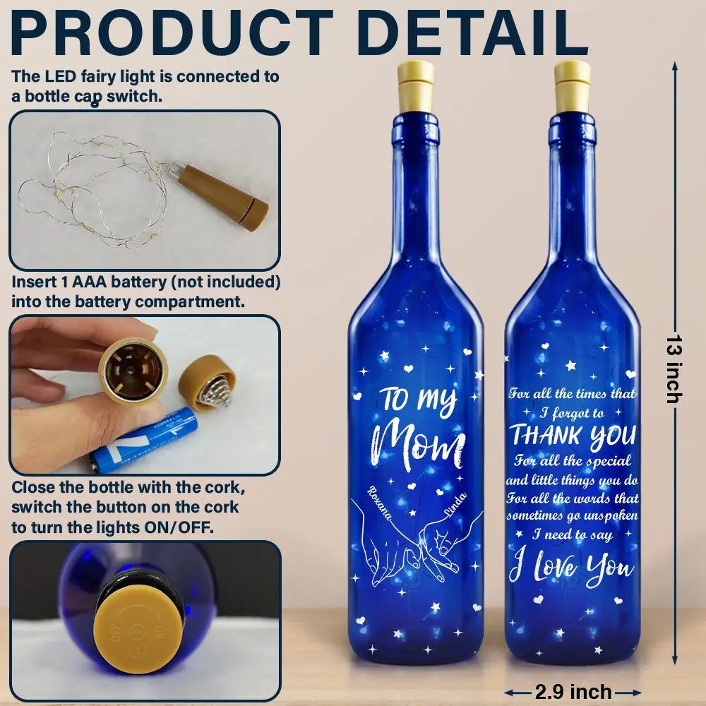Mom - Daughters (Adult),Gift For Mother,Gift For Women,Love - Thank You Mom I Love You - Personalized Blue Bottle Light