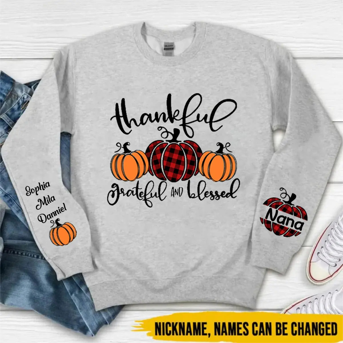 Thankful Grateful And Blessed Grandma Pumpkin With Grandkids Sweatshirt Shirts & Tops The Next Custom Gift