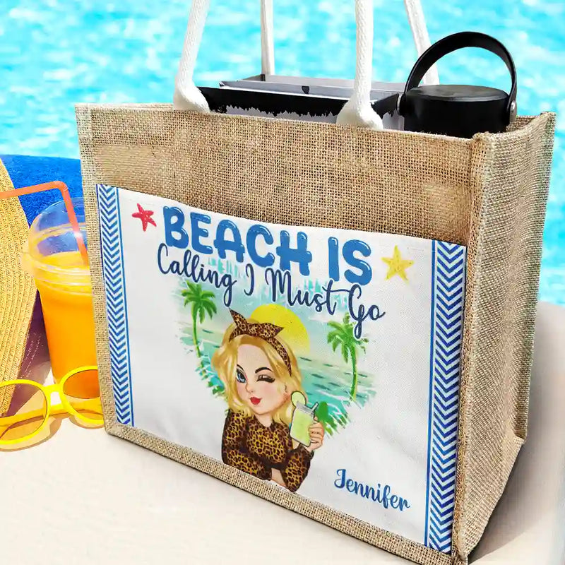 The Beach Is My Happy Place - Personalized Jute Tote Bag