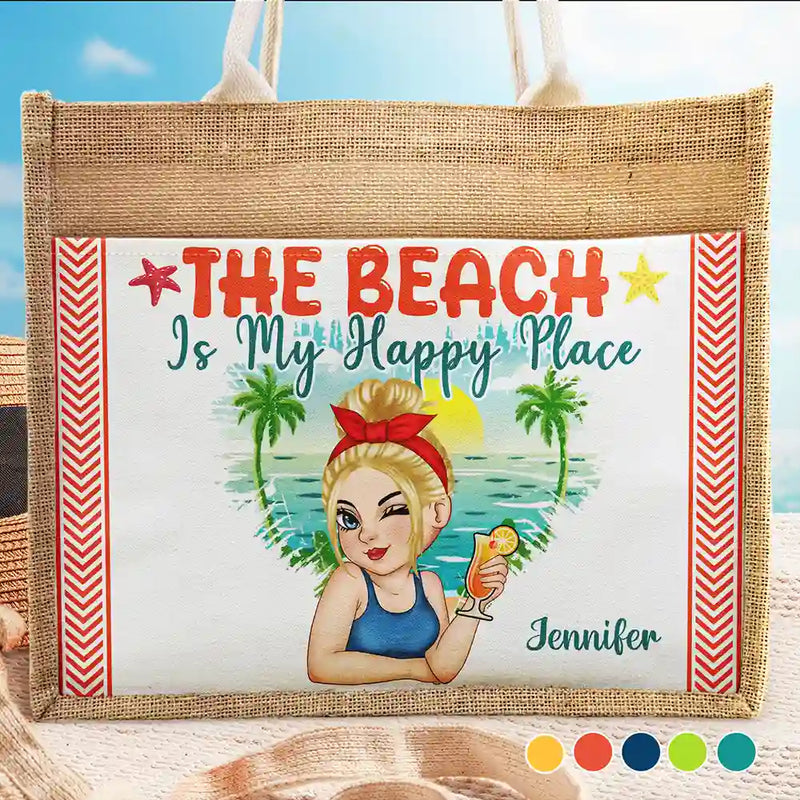 The Beach Is My Happy Place - Personalized Jute Tote Bag