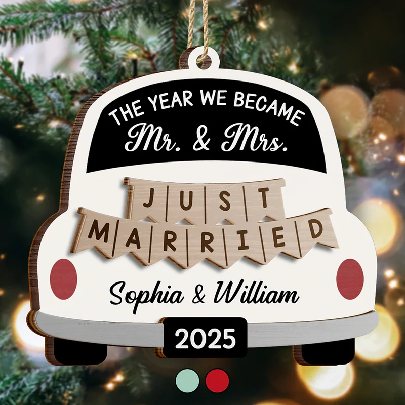 The Year We Became Mr & Mrs Wedding Car - Personalized 2-Layered Wooden Ornament