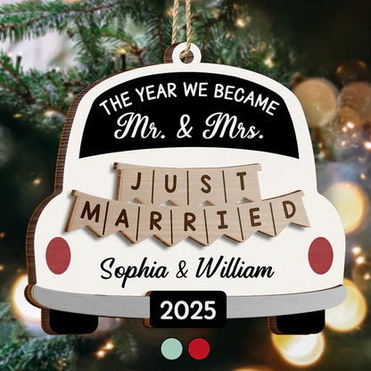 The Year We Became Mr & Mrs Wedding Car - Personalized 2-Layered Wooden Ornament
