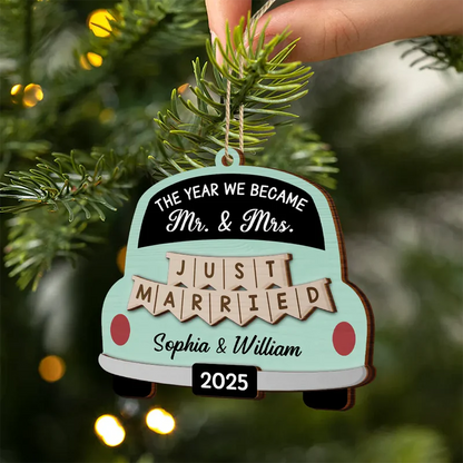 The Year We Became Mr & Mrs Wedding Car - Personalized 2-Layered Wooden Ornament