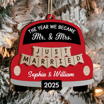 The Year We Became Mr & Mrs Wedding Car - Personalized 2-Layered Wooden Ornament