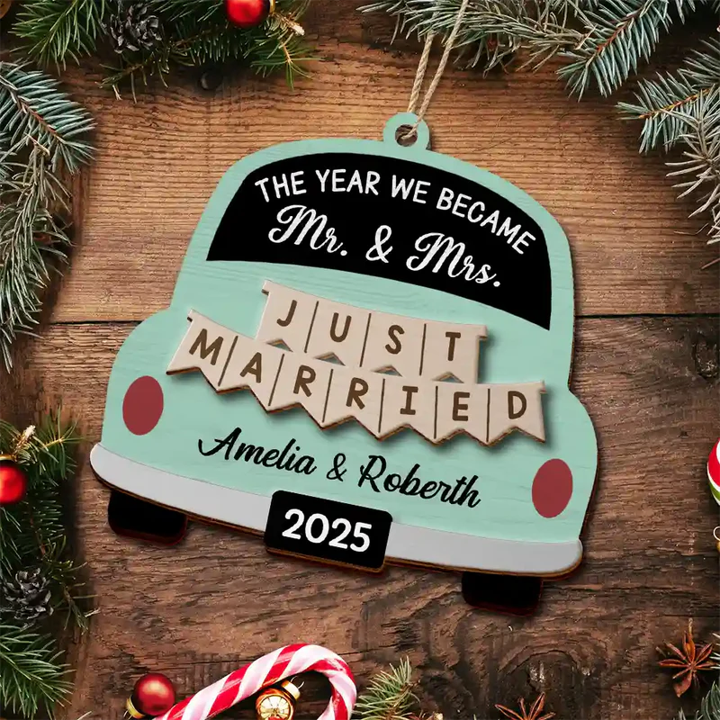 The Year We Became Mr & Mrs Wedding Car - Personalized 2-Layered Wooden Ornament