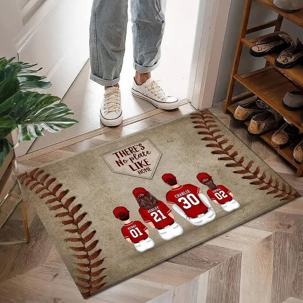 There's No Plate Like Home Family Sitting Personalized Mat, Baseball Decor Doormat The Next Custom Gift