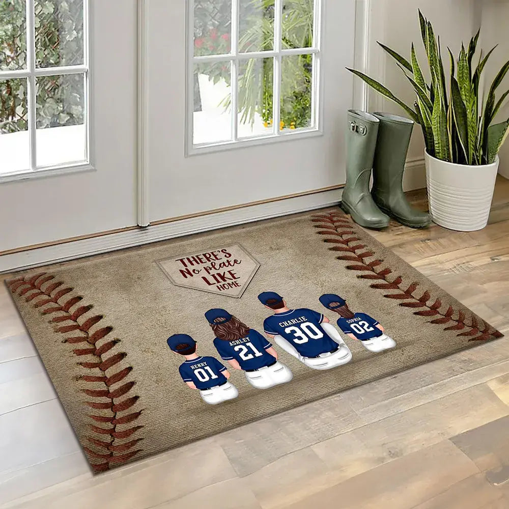 There's No Plate Like Home Family Sitting Personalized Mat, Baseball Decor Doormat The Next Custom Gift