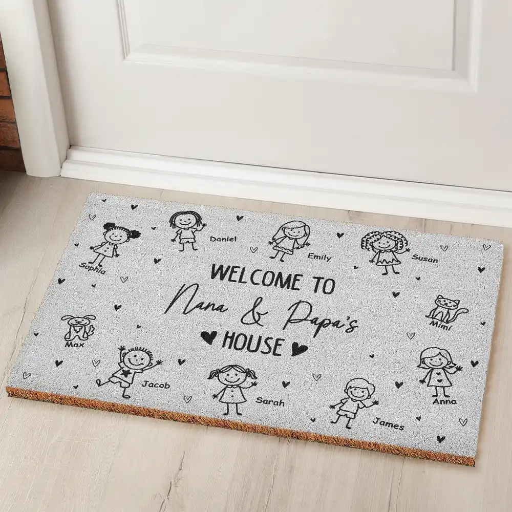 There's No Place Like Grandma & Grandpa's House Stick Figures - Personalized Coconut Doormat