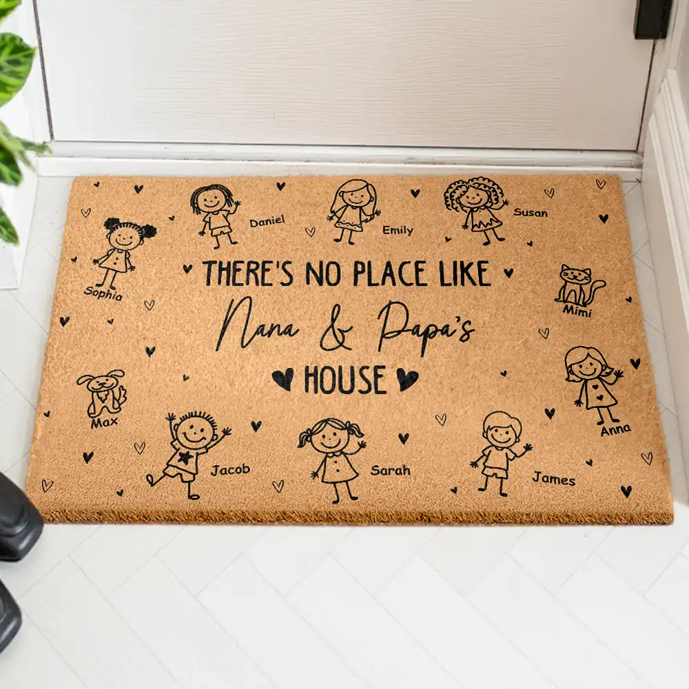 There's No Place Like Grandma & Grandpa's House Stick Figures - Personalized Coconut Doormat