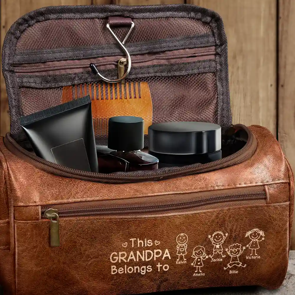 This Grandpa Dad Belongs To Kids Pet - Personalized Leather Toiletry Bag