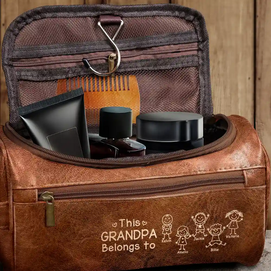 This Grandpa Dad Belongs To Kids Pet - Personalized Leather Toiletry Bag