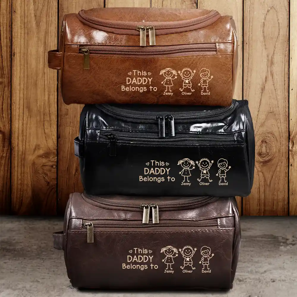This Grandpa Dad Belongs To Kids Pet - Personalized Leather Toiletry Bag