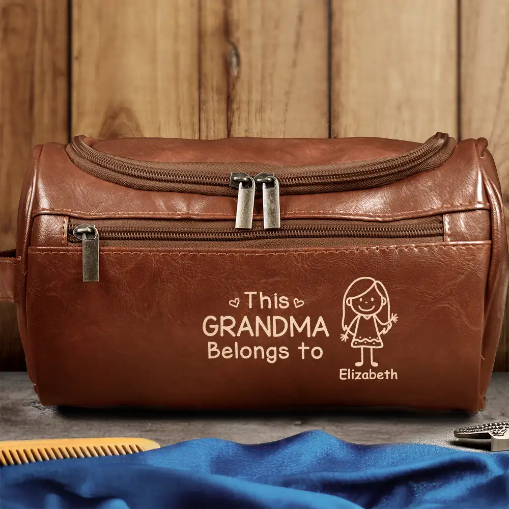 This Grandpa Dad Belongs To Kids Pet - Personalized Leather Toiletry Bag