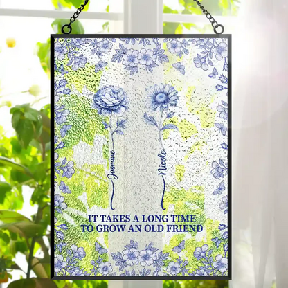 Toile De Jouy Butterfly Birth Flower Grow An Old Friend - Personalized Vertical Stained Glass Suncatcher