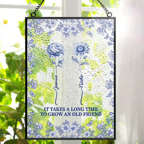 Toile De Jouy Butterfly Birth Flower Grow An Old Friend - Personalized Vertical Stained Glass Suncatcher