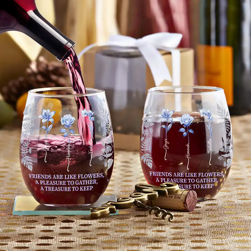 Toile Birth Flower Grow An Old Friend Bestie - Personalized Stemless Wine Glass