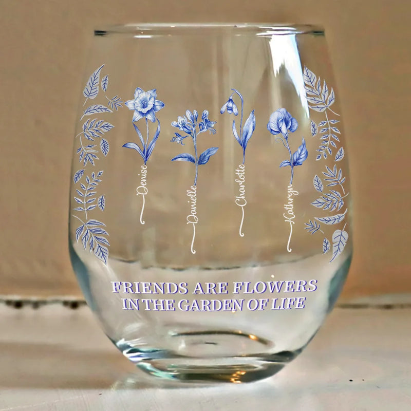 Toile Birth Flower Grow An Old Friend Bestie - Personalized Stemless Wine Glass
