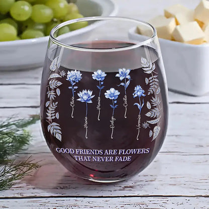 Toile Birth Flower Grow An Old Friend Bestie - Personalized Stemless Wine Glass