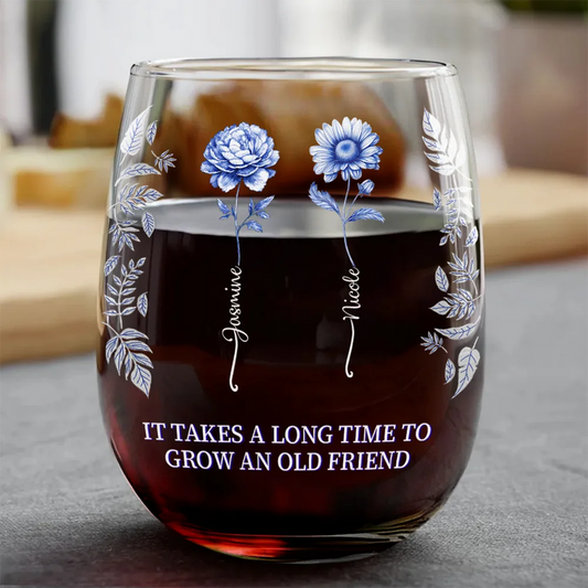Toile Birth Flower Grow An Old Friend Bestie - Personalized Stemless Wine Glass