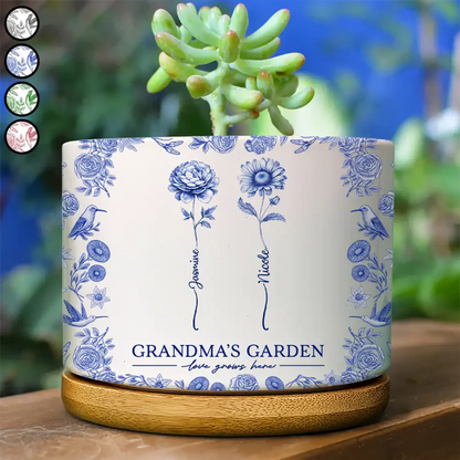 Toile De Jouy Birth Flower Grandma's Garden - Personalized Ceramic Plant Pot