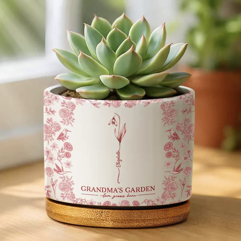 Toile De Jouy Birth Flower Grandma's Garden - Personalized Ceramic Plant Pot