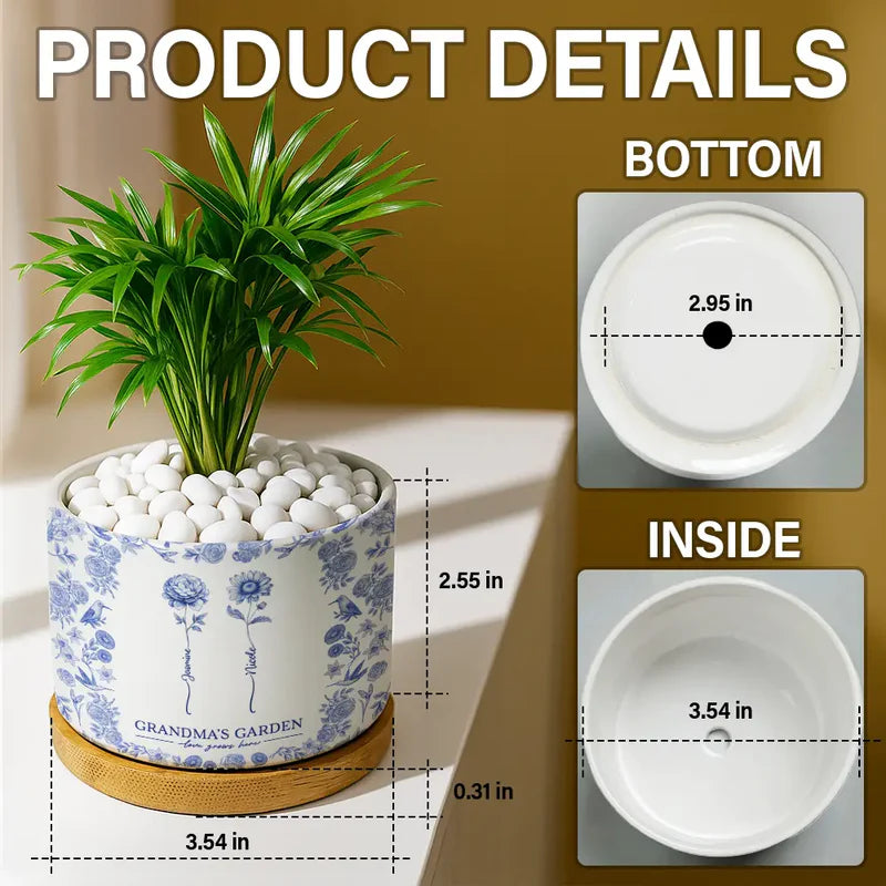 Toile De Jouy Birth Flower Grandma's Garden - Personalized Ceramic Plant Pot