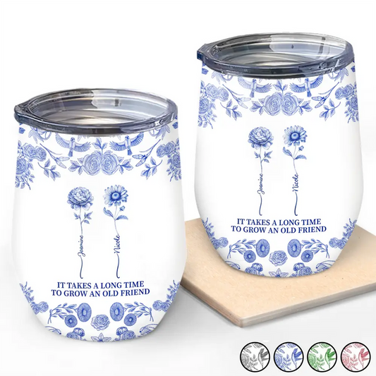 Toile De Jouy Birth Flower Grow An Old Friend - Personalized Wine Tumbler