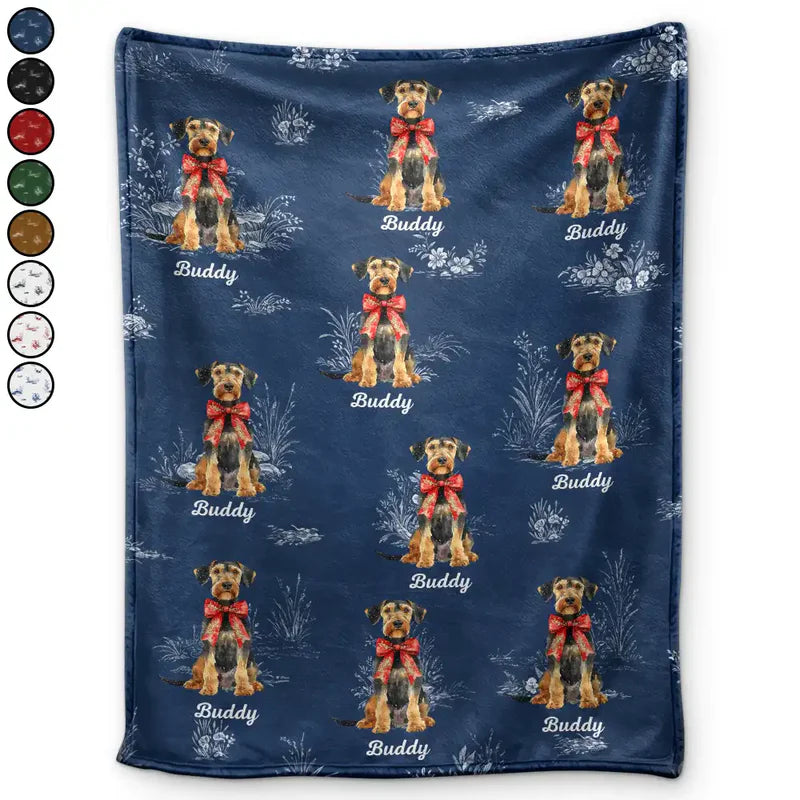 Toile De Jouy Red Bow Dog - Personalized Fleece Blanket