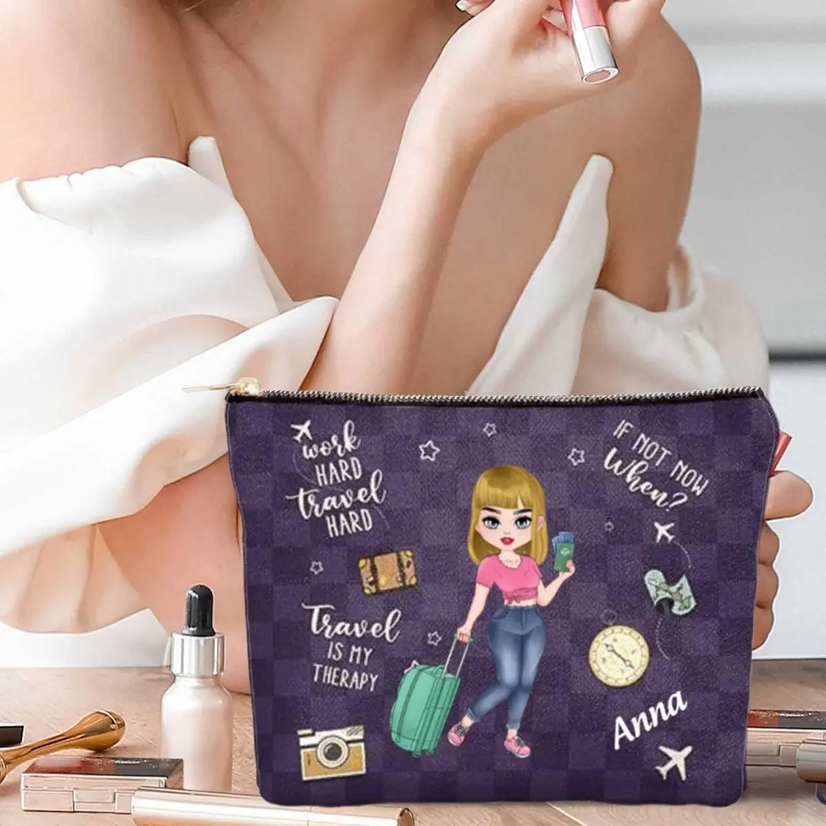 Travel Lovers - Travel Is My Therapy All My Travel Crap - Personalized Cosmetic Bag Cosmetic Bag The Next Custom Gift