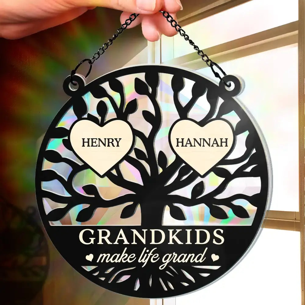 Tree Of Heart Grandkids Make Life Grand - Personalized Window Hanging Rainbow Suncatcher Hanging Suncatcher Ornament The Next Custom Gift