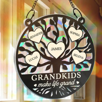 Tree Of Heart Grandkids Make Life Grand - Personalized Window Hanging Rainbow Suncatcher Hanging Suncatcher Ornament The Next Custom Gift