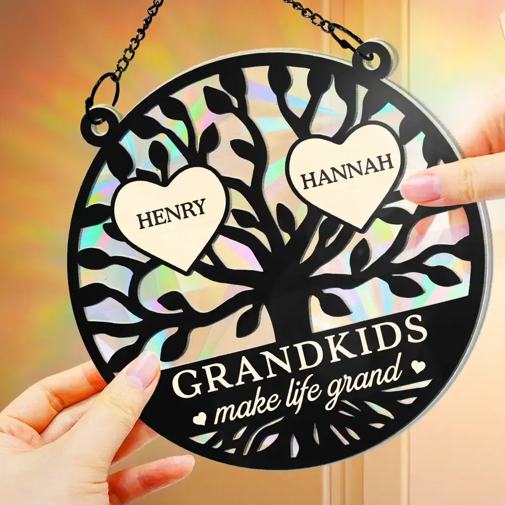 Tree Of Heart Grandkids Make Life Grand - Personalized Window Hanging Rainbow Suncatcher Hanging Suncatcher Ornament The Next Custom Gift