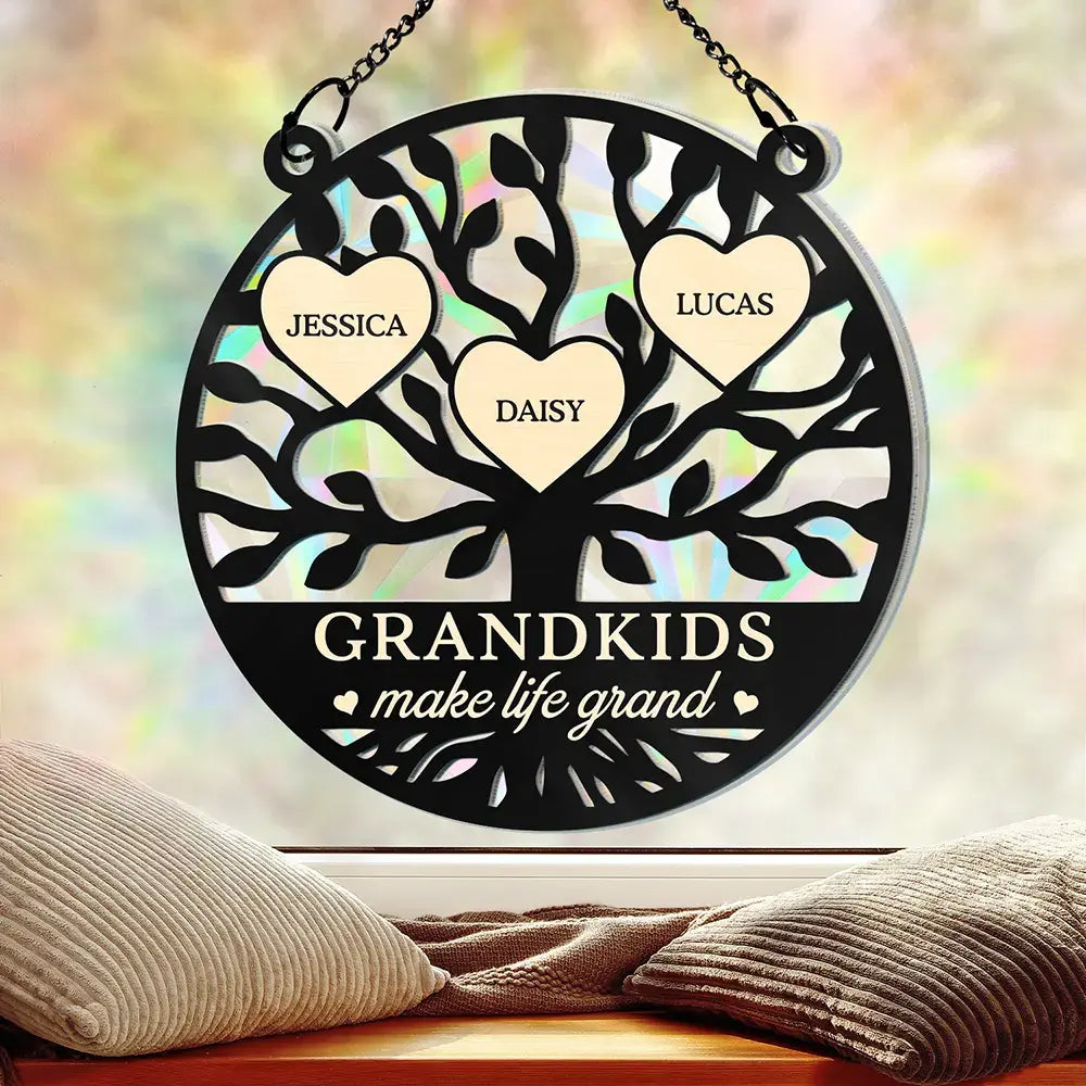 Tree Of Heart Grandkids Make Life Grand - Personalized Window Hanging Rainbow Suncatcher Hanging Suncatcher Ornament The Next Custom Gift