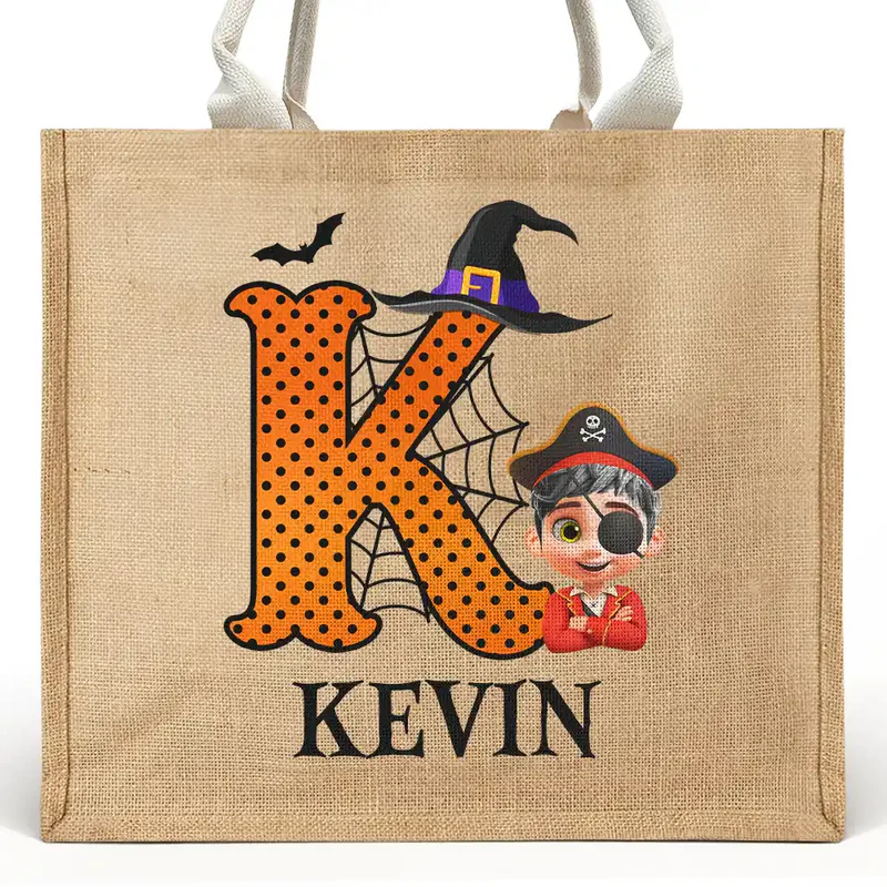 Trick Or Treat Kid Monogram Halloween - Personalized Jute Beach Bag