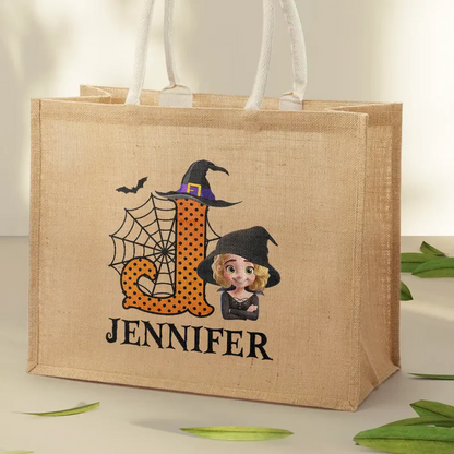 Trick Or Treat Kid Monogram Halloween - Personalized Jute Beach Bag