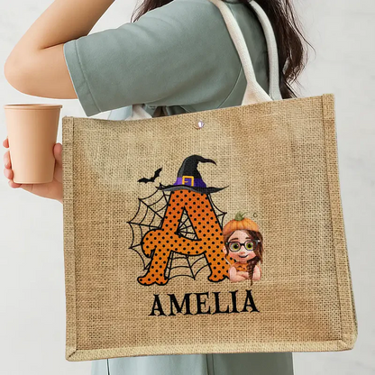 Trick Or Treat Kid Monogram Halloween - Personalized Jute Beach Bag