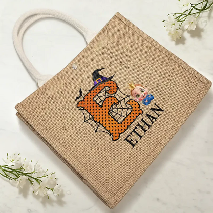 Trick Or Treat Kid Monogram Halloween - Personalized Jute Beach Bag