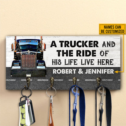 Trucker Couple The Ride Live Here Personalized Custom Wood Key Holder