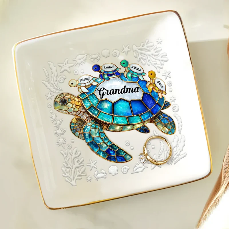 Turtle Stained Glass Mom Grandma - Personalized Ring Dish