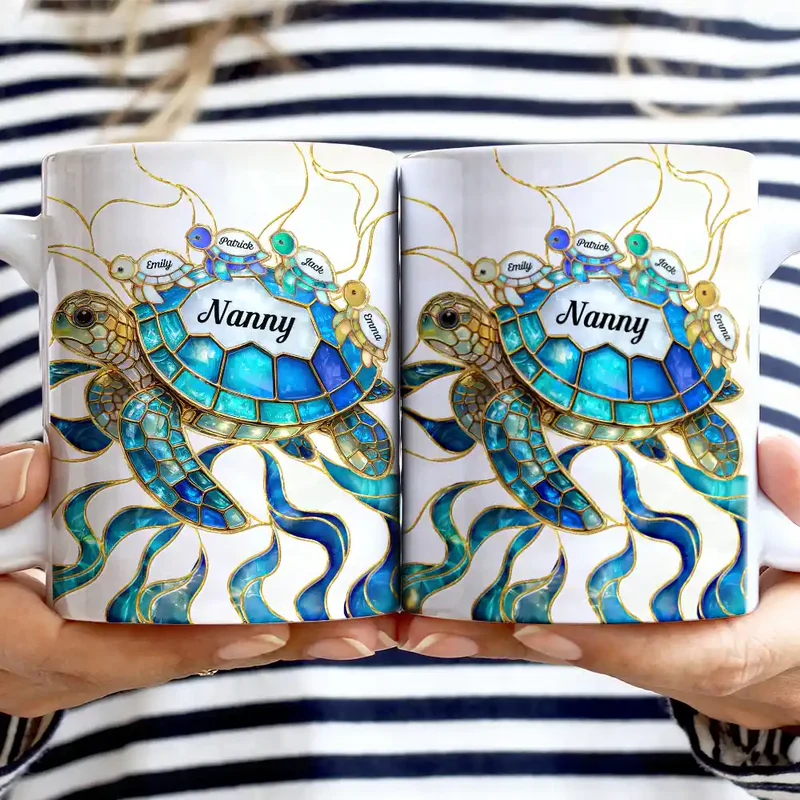 Turtle Stained Glass Mom Grandma - Personalized White Edge-to-Edge Mug