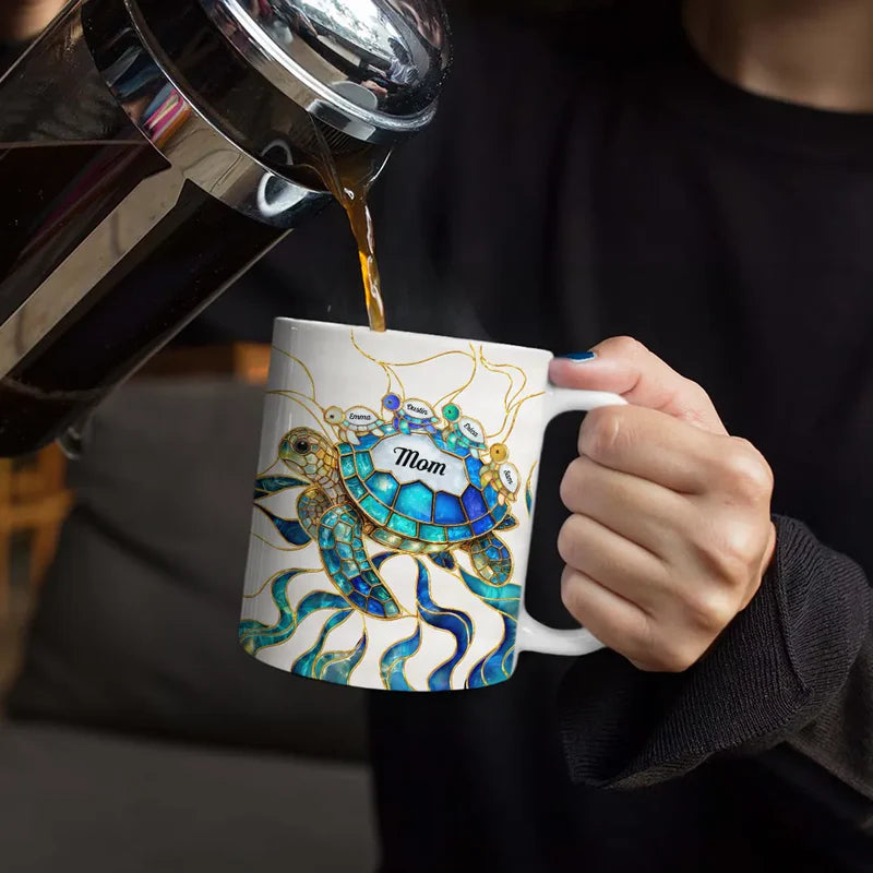 Turtle Stained Glass Mom Grandma - Personalized White Edge-to-Edge Mug