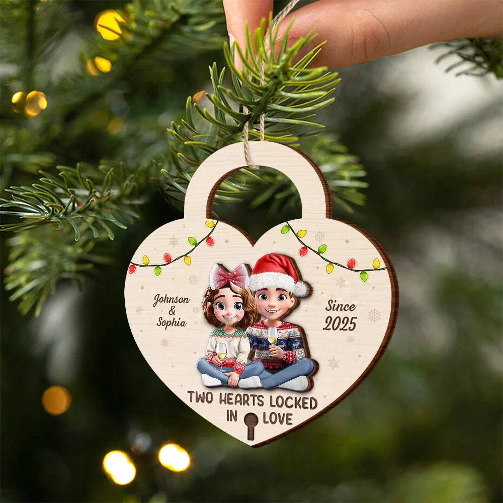 Two Hearts Locked In Love Couple - Personalized 2-Layered Wooden Ornament