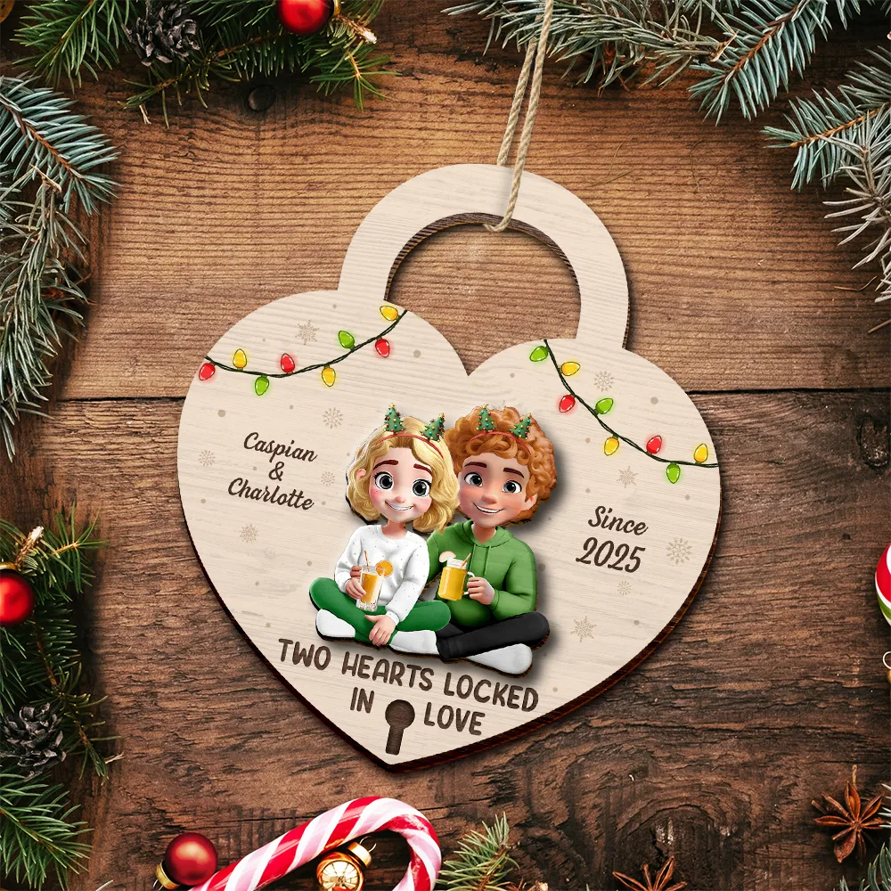 Two Hearts Locked In Love Couple - Personalized 2-Layered Wooden Ornament