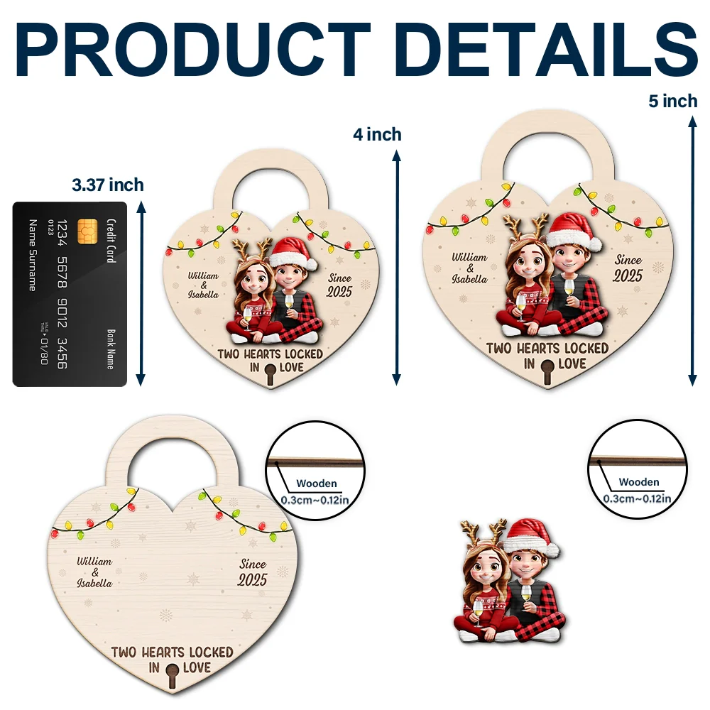 Two Hearts Locked In Love Couple - Personalized 2-Layered Wooden Ornament