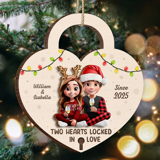 Two Hearts Locked In Love Couple - Personalized 2-Layered Wooden Ornament
