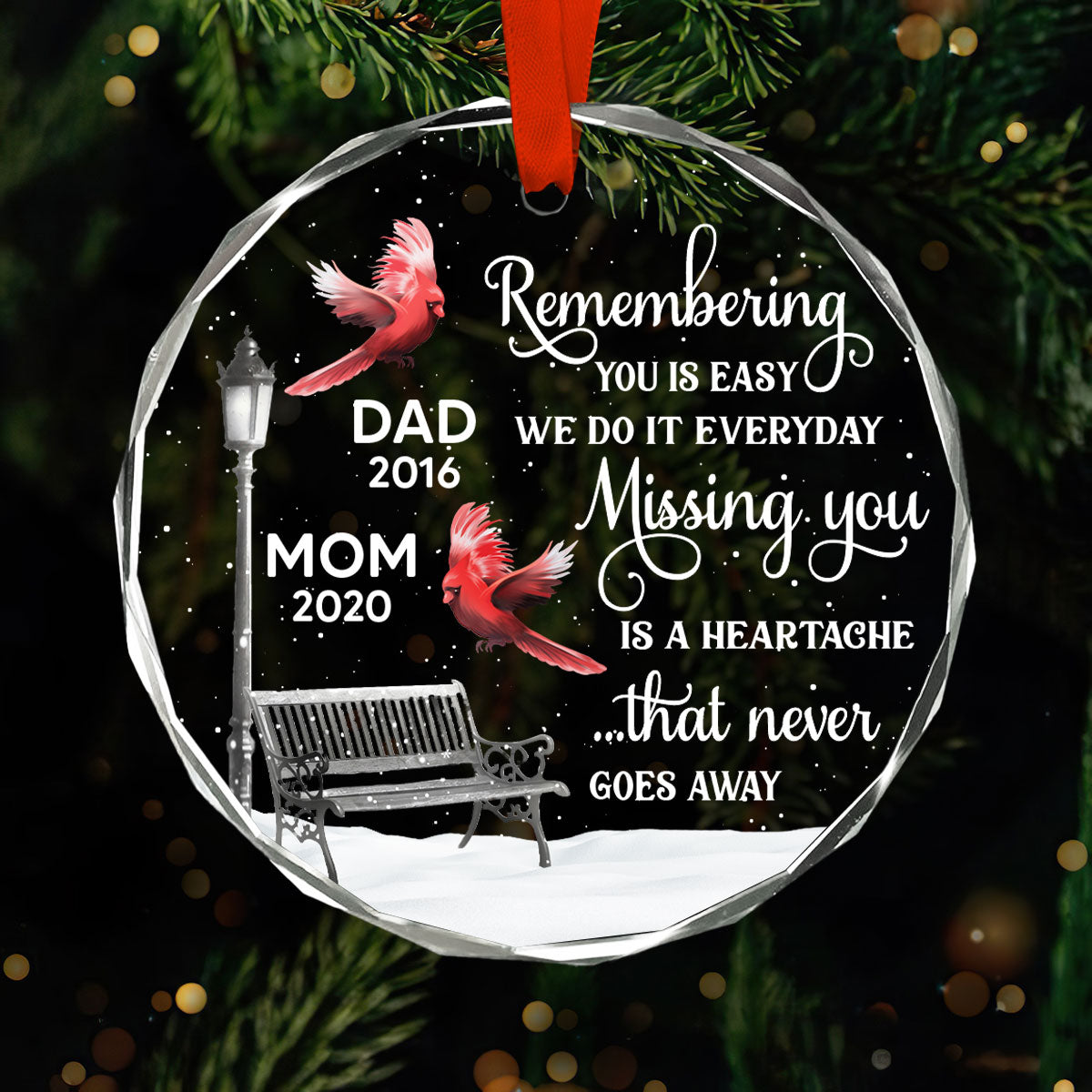 Cardinals Remembering You Memorial Personalized Glass Ornament, Christmas Decoration, Memorial Gift, Sympathy Gift