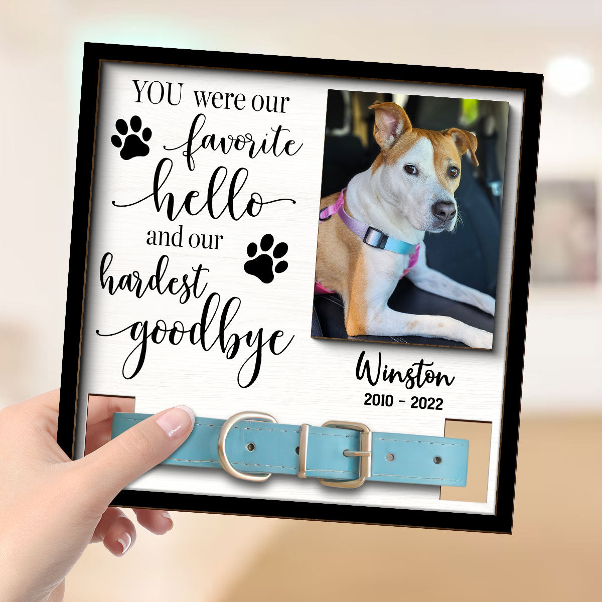 Our Favorite Hello Hardest Goodbye Dog Cat Sympathy Gift Photo Memorial Collar Keepsake Personalized Wooden Pet Collar Holder